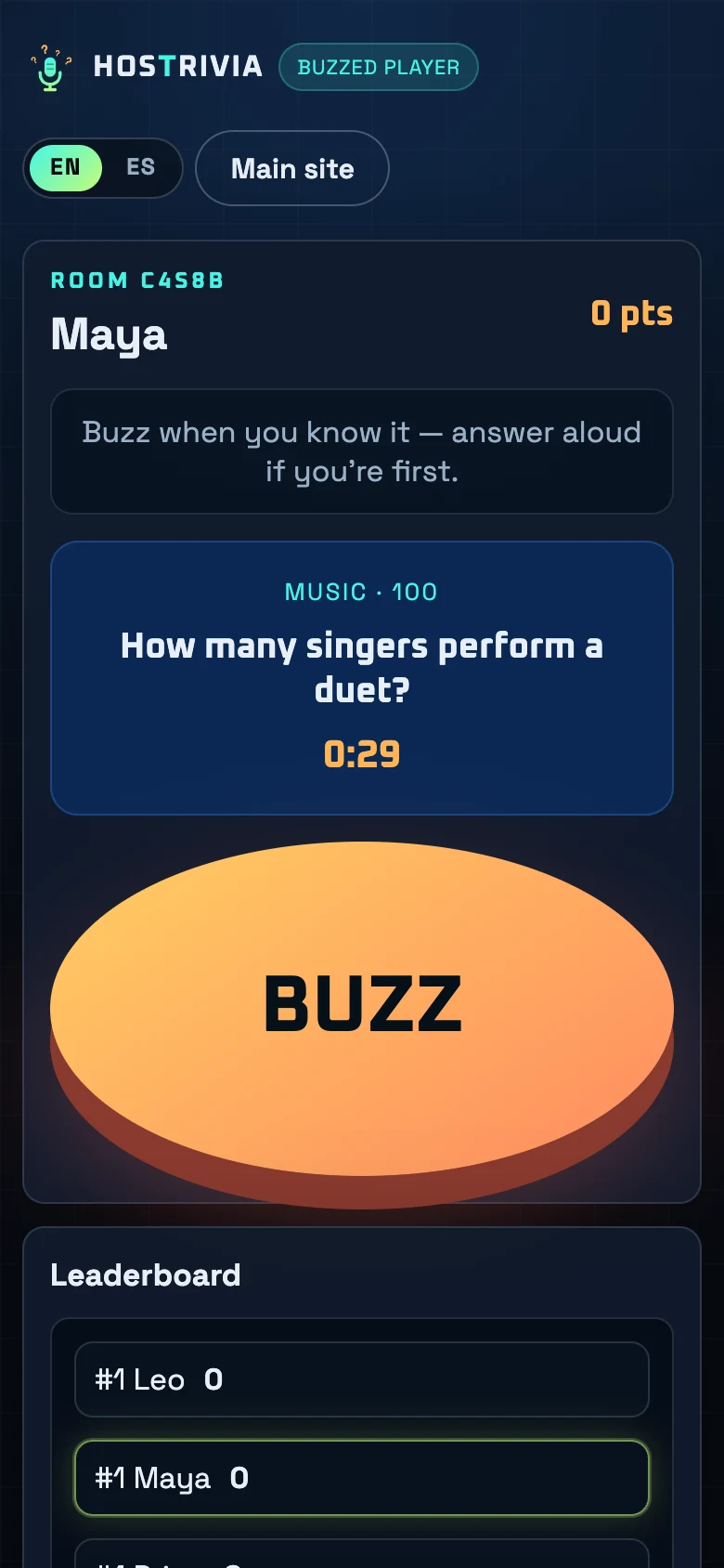 Buzzed on a phone: one big buzzer button