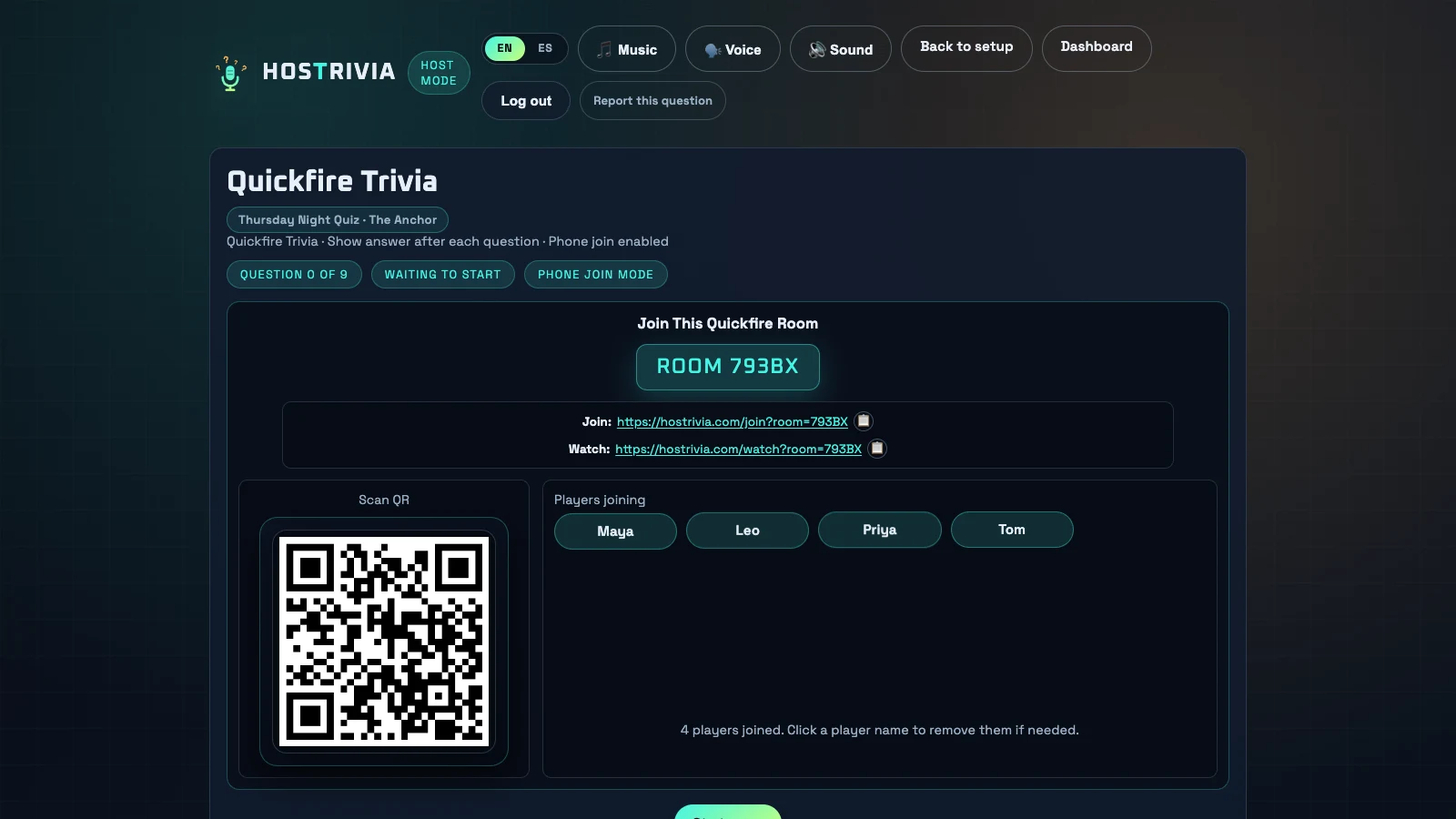 The Hostrivia lobby on a TV: a QR code, a five-letter room code, and the players who have joined so far