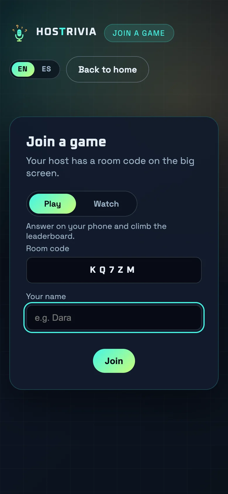 A phone on the join screen, entering a room code and a name