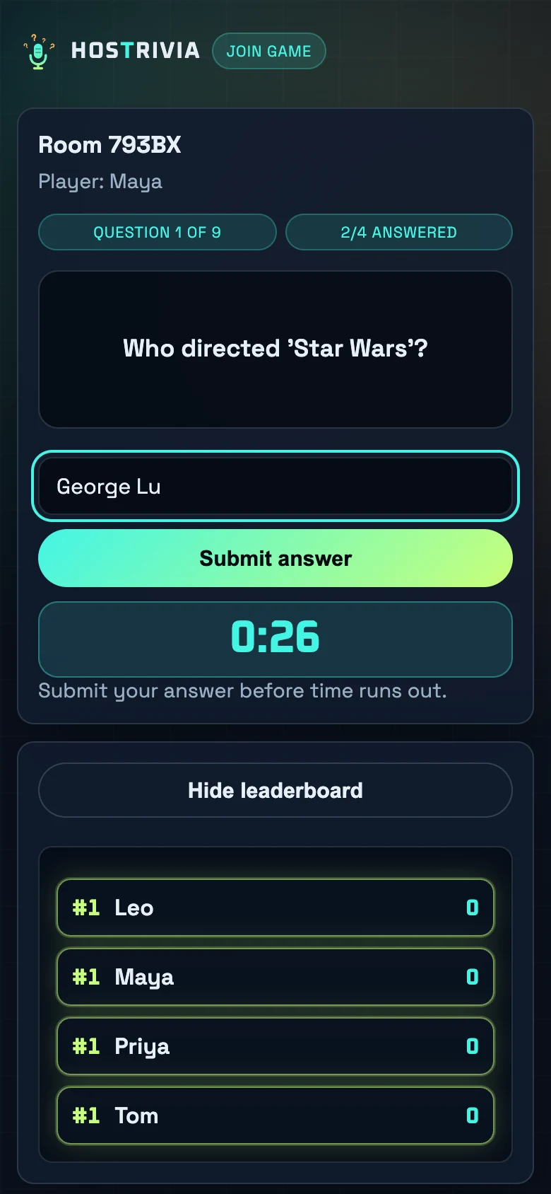 Quickfire Trivia on a phone: the question and a box to type your answer