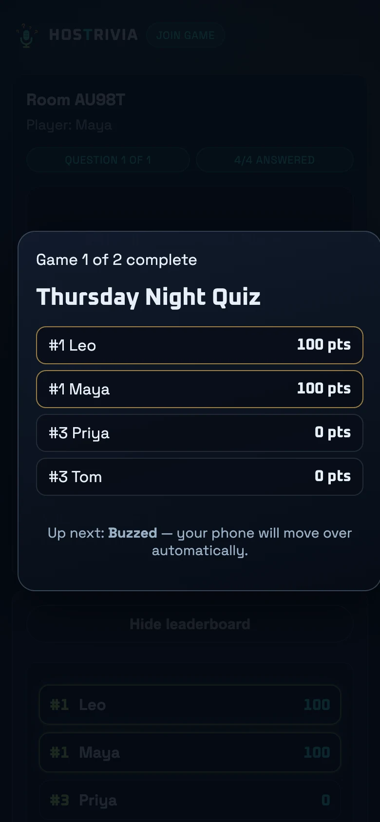 Multi-Game Quiz on a phone: the player's running total between games