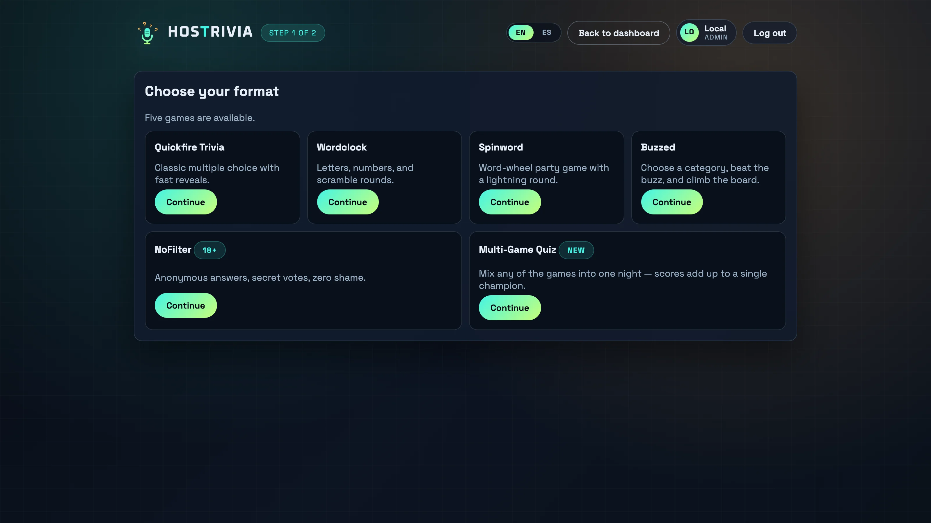 The setup wizard: choosing a game format