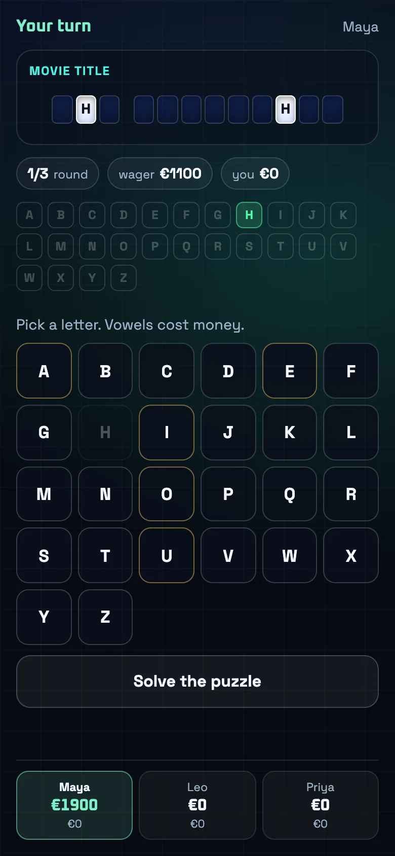 Spinword on a phone: spin, guess a letter or solve