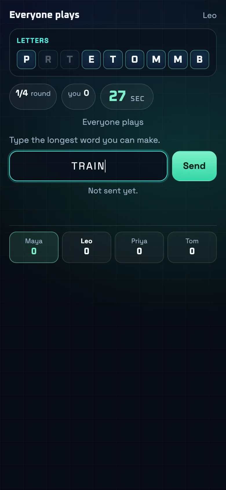 Wordclock on a phone: the letters and a box to type the longest word you can